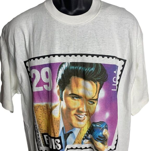 Vintage 90s Elvis Stamp Crewneck T Shirt XL White Single Stitch Short Sleeves - Picture 2 of 8
